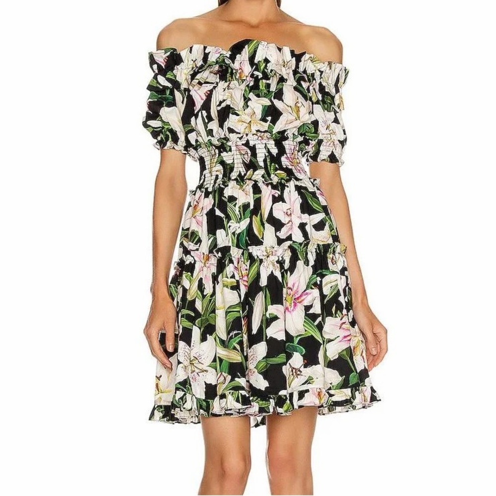 Dolce & Gabbana Lily Black White Floral Mini Dress Off The Shoulder Ruffle IT 38